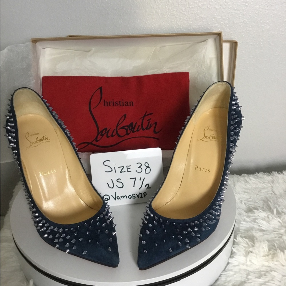 Christian Louboutin Follies Navy Suede Spike-Embellished Pointed Toe Pumps